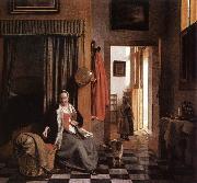 HOOCH, Pieter de Mother Lacing Her Bodice beside a Cradle s oil painting on canvas